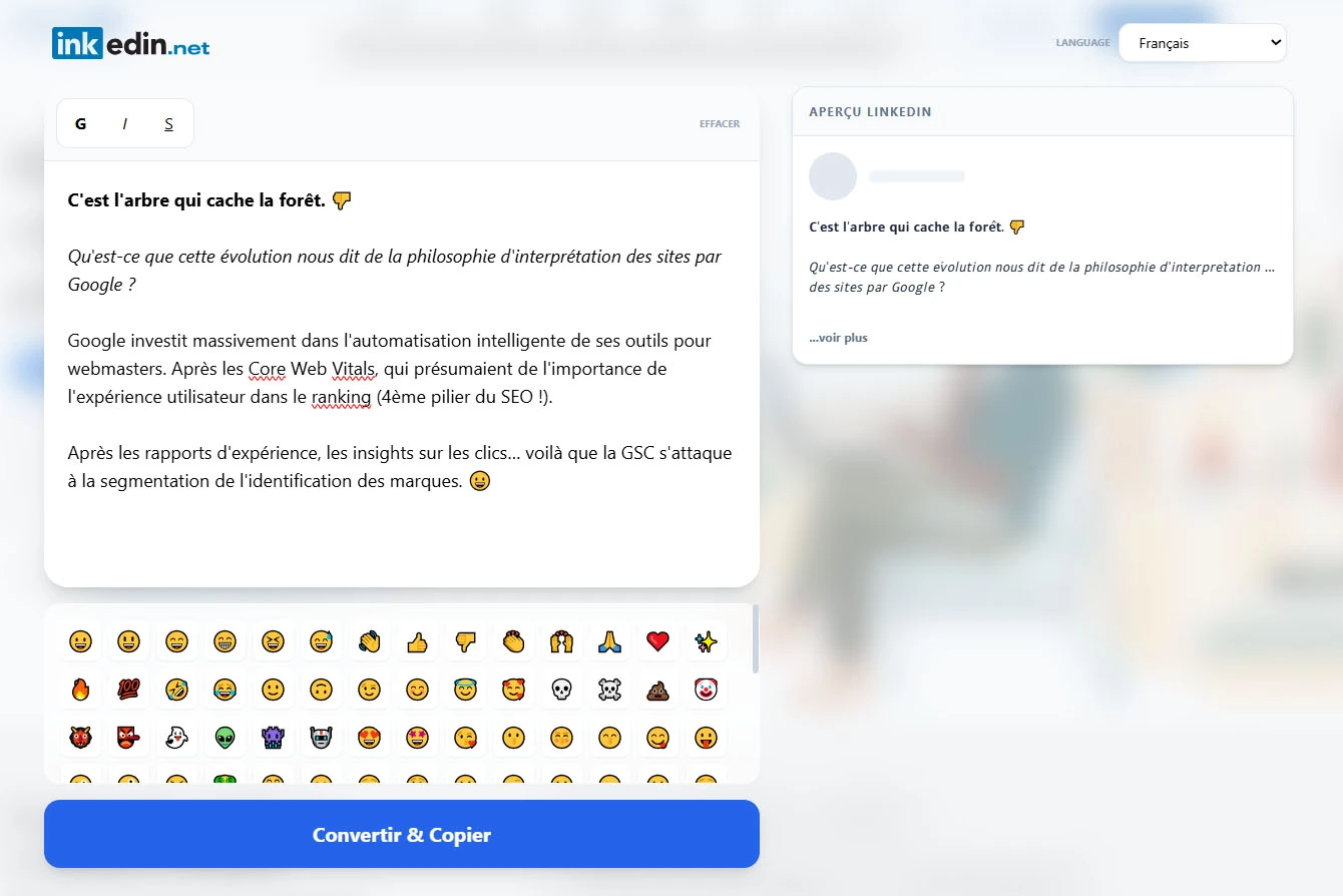 Mettre du gras ou de l'italique dans linkedin avec Inkedin, un outil gratuit.